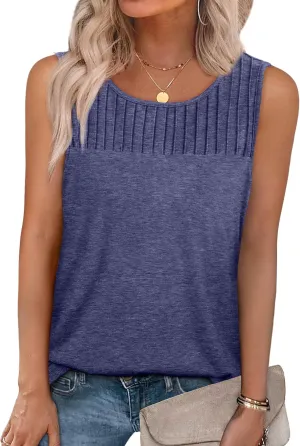 WIHOLL Womens Summer Tank Top Casual Pleated Sleeveless Tops Crewneck Trendy Shirts Outfits Clothes