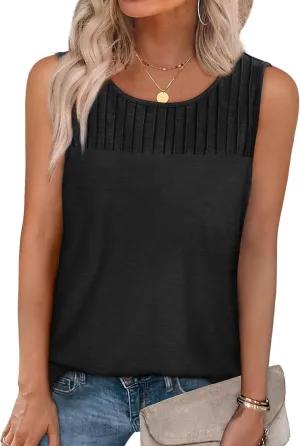 WIHOLL Womens Summer Tank Top Casual Pleated Sleeveless Tops Crewneck Trendy Shirts Outfits Clothes