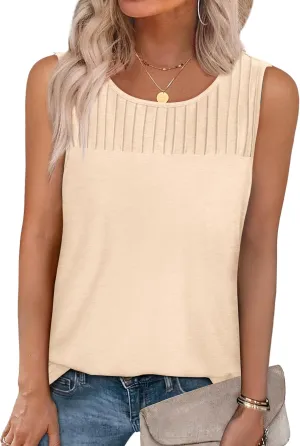WIHOLL Womens Summer Tank Top Casual Pleated Sleeveless Tops Crewneck Trendy Shirts Outfits Clothes