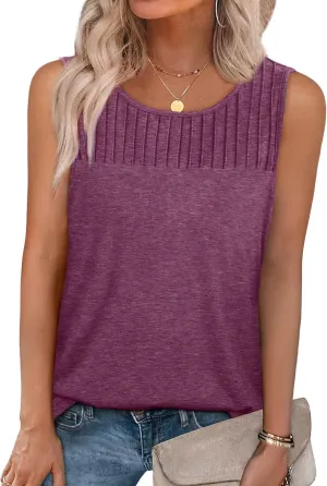 WIHOLL Womens Summer Tank Top Casual Pleated Sleeveless Tops Crewneck Trendy Shirts Outfits Clothes