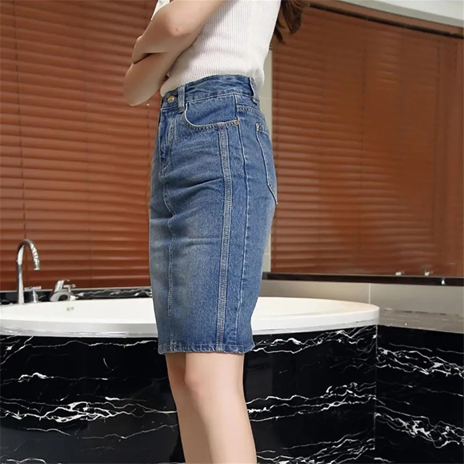 Woman Patchwork Denim Skirt Summer Vintage High Waisted A-Line Skirt Fashion Button Casual Skirt