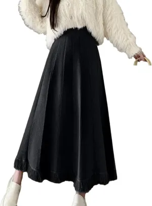 Women A-Line Knit Skirt Elastic High Waist Tassel Skirt Solid Color Midi Pleated Swing Skirts Weekend Skirts