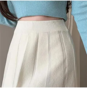 Women A-Line Knit Skirt Elastic High Waist Tassel Skirt Solid Color Midi Pleated Swing Skirts Weekend Skirts
