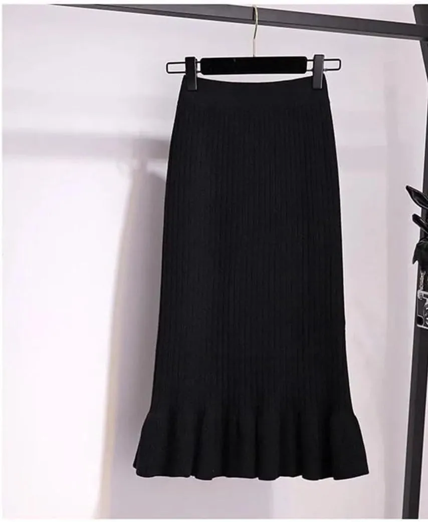 Women Autumn Winter Elegant High Waist Mermaid Skirt Solid Color Lady Office Wear Knitted Pleated Skirts