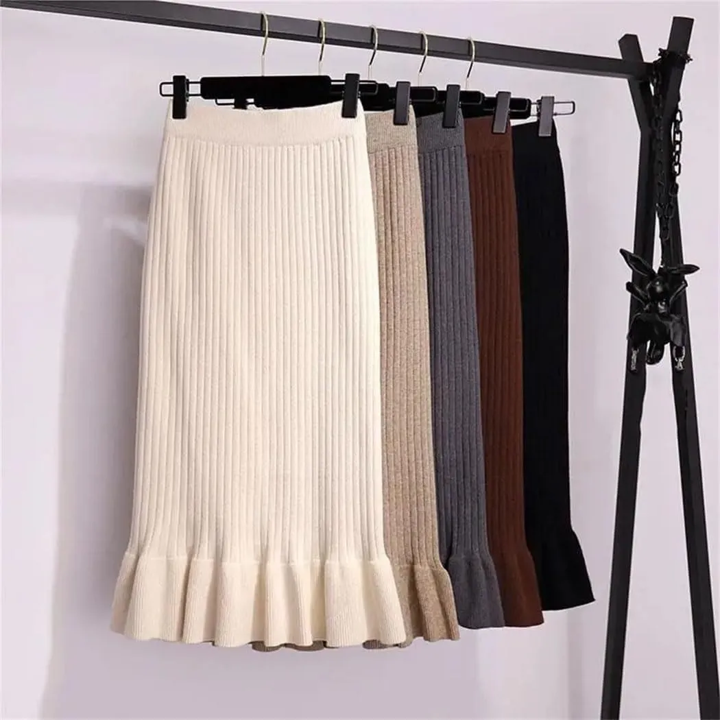 Women Autumn Winter Elegant High Waist Mermaid Skirt Solid Color Lady Office Wear Knitted Pleated Skirts