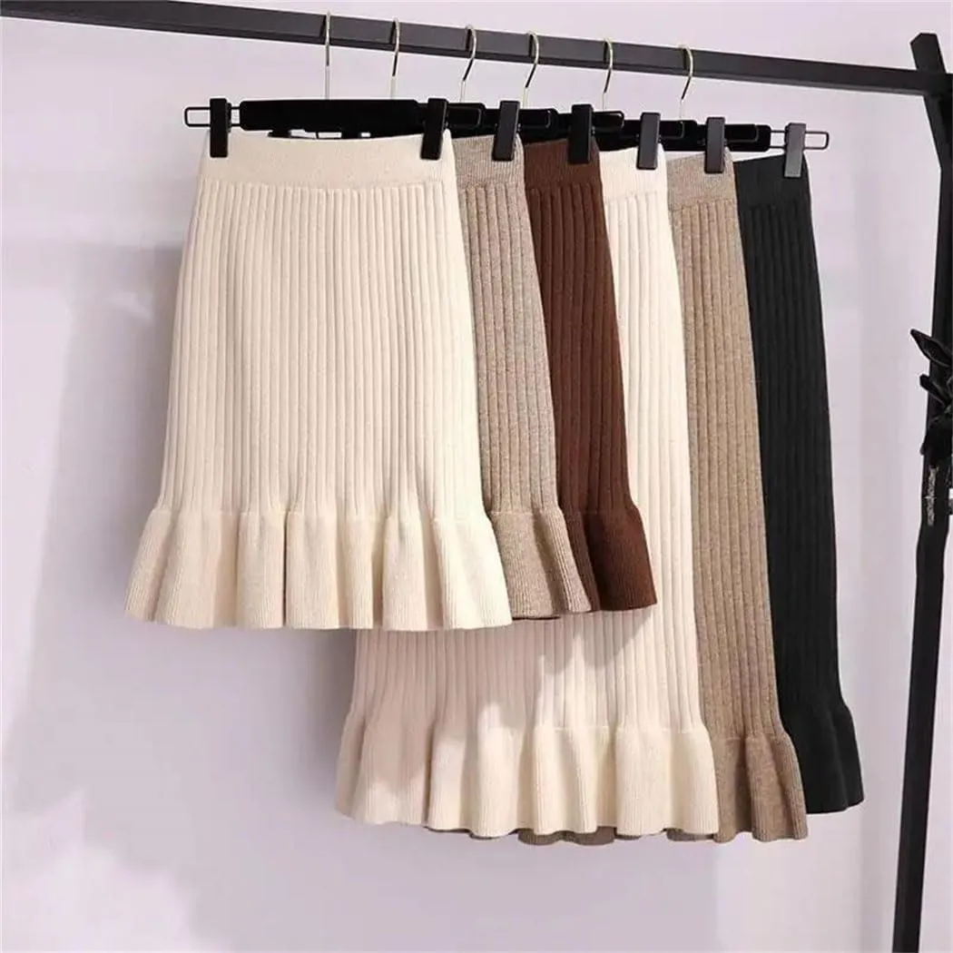 Women Autumn Winter Elegant High Waist Mermaid Skirt Solid Color Lady Office Wear Knitted Pleated Skirts