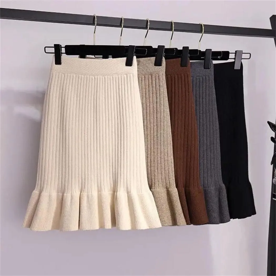 Women Autumn Winter Elegant High Waist Mermaid Skirt Solid Color Lady Office Wear Knitted Pleated Skirts