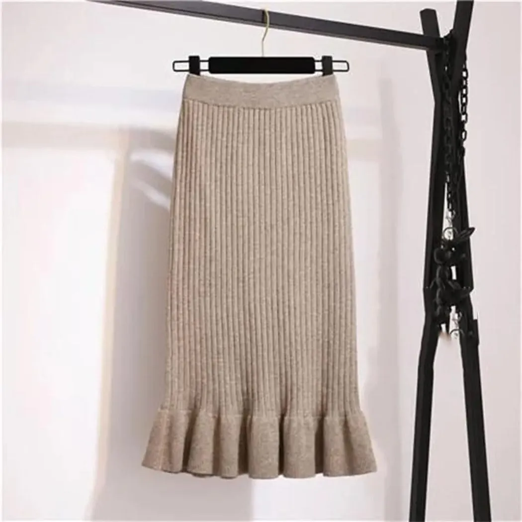 Women Autumn Winter Elegant High Waist Mermaid Skirt Solid Color Lady Office Wear Knitted Pleated Skirts