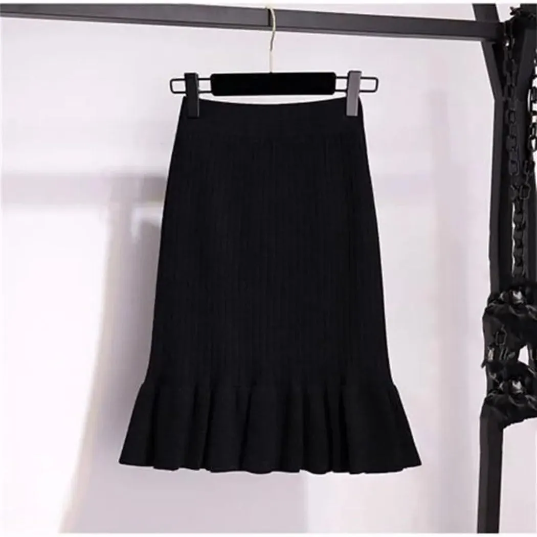 Women Autumn Winter Elegant High Waist Mermaid Skirt Solid Color Lady Office Wear Knitted Pleated Skirts