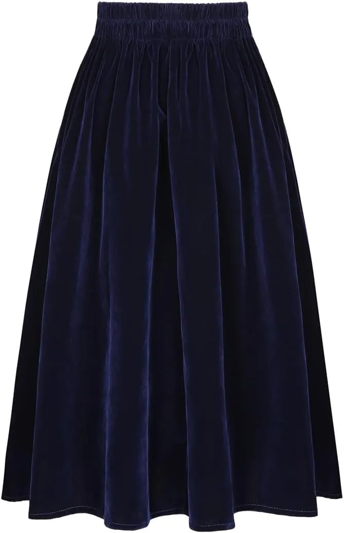 Women Blue Velour A Line Skirt Vintage High Waist Pocket Pleated Casual Long Midi Skirts