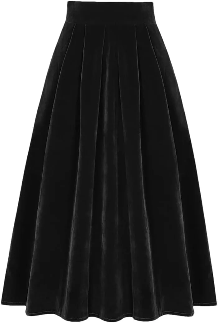 Women Blue Velour A Line Skirt Vintage High Waist Pocket Pleated Casual Long Midi Skirts