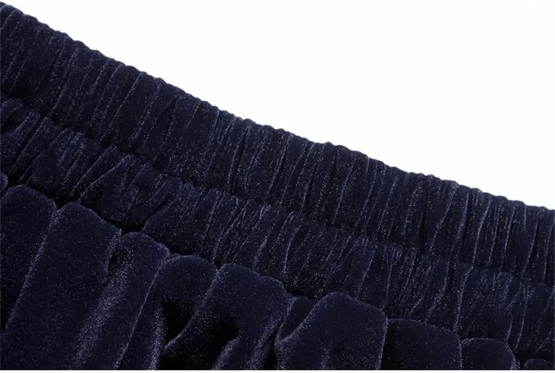 Women Blue Velour A Line Skirt Vintage High Waist Pocket Pleated Casual Long Midi Skirts