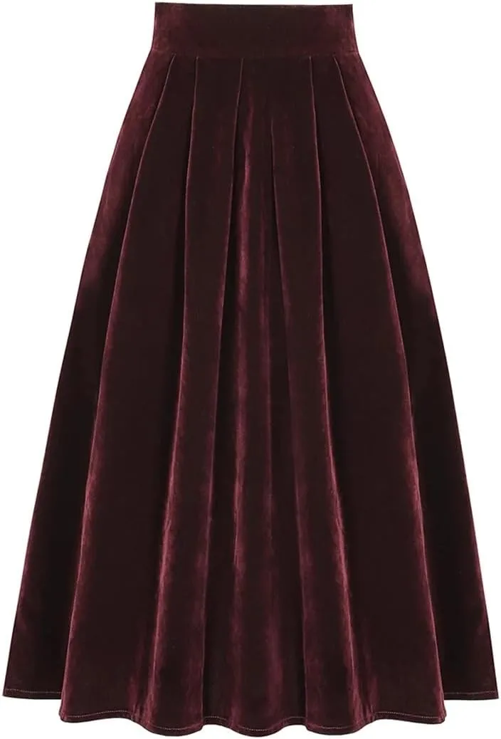 Women Blue Velour A Line Skirt Vintage High Waist Pocket Pleated Casual Long Midi Skirts