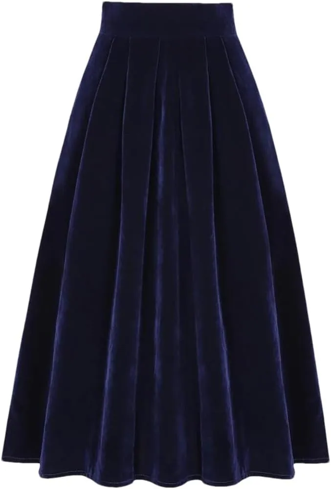 Women Blue Velour A Line Skirt Vintage High Waist Pocket Pleated Casual Long Midi Skirts