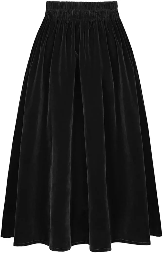 Women Blue Velour A Line Skirt Vintage High Waist Pocket Pleated Casual Long Midi Skirts