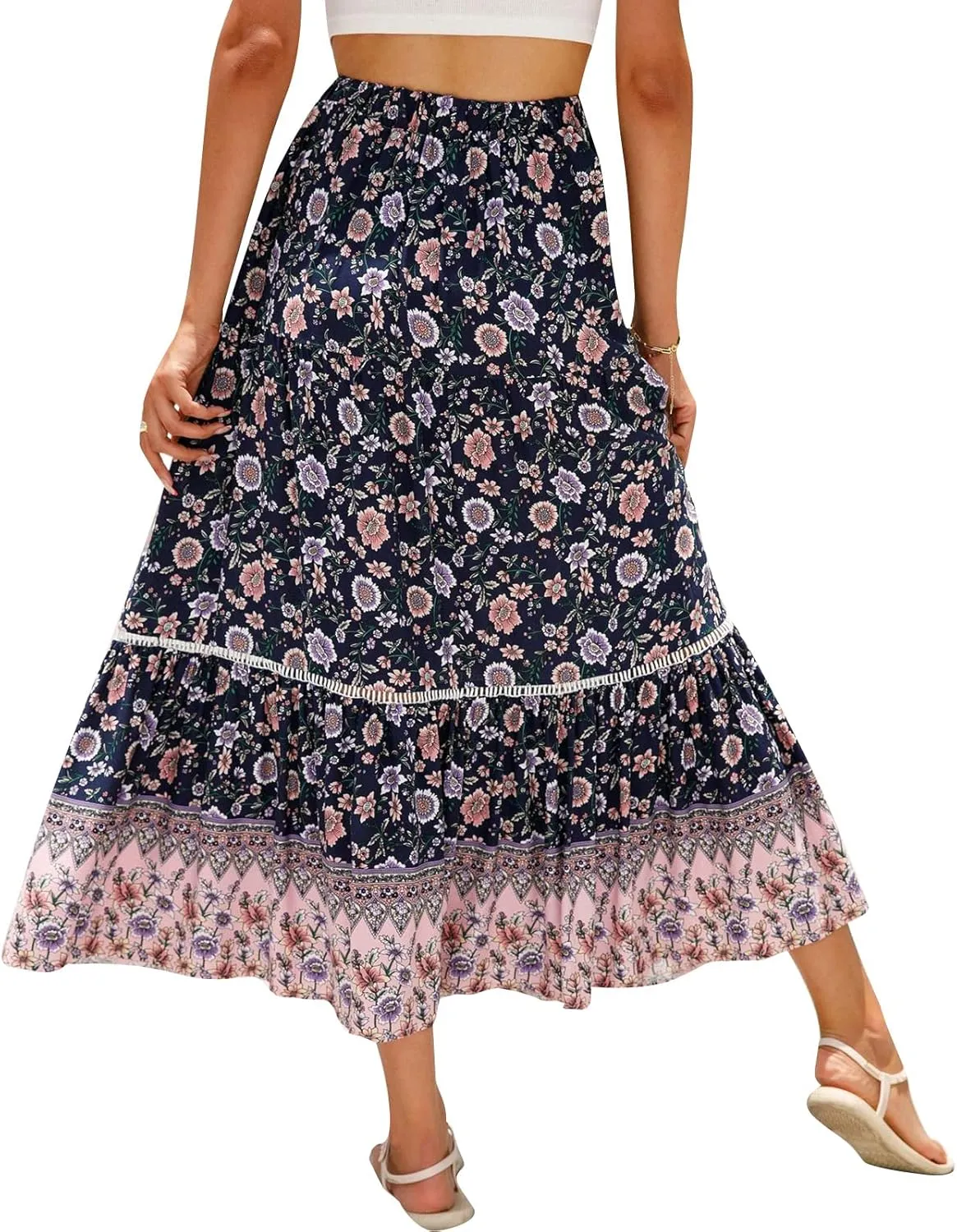 Women Bohemian Print Long Maxi Skirt Floral Casual High Waist Flowy Skirts Summer Beach Boho A Line Swing Skirt