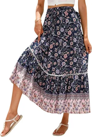 Women Bohemian Print Long Maxi Skirt Floral Casual High Waist Flowy Skirts Summer Beach Boho A Line Swing Skirt