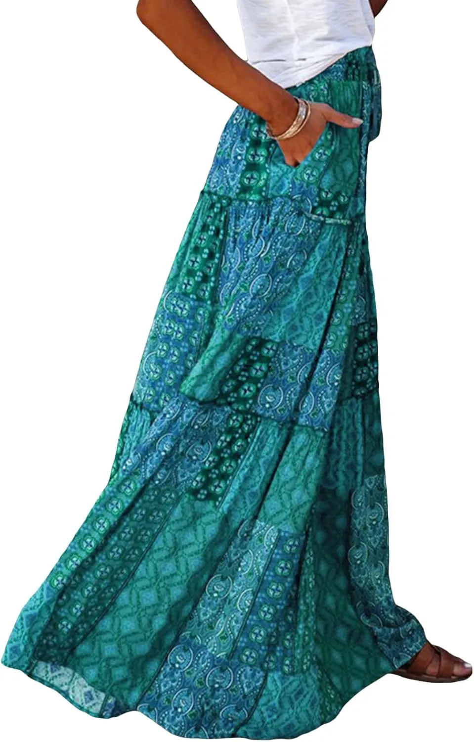 Women Bohemian Print Long Maxi Skirt Floral Casual High Waist Flowy Skirts Summer Beach Boho A Line Swing Skirt