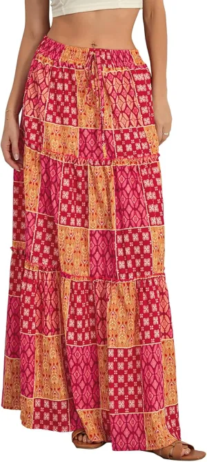 Women Bohemian Print Long Maxi Skirt Floral Casual High Waist Flowy Skirts Summer Beach Boho A Line Swing Skirt