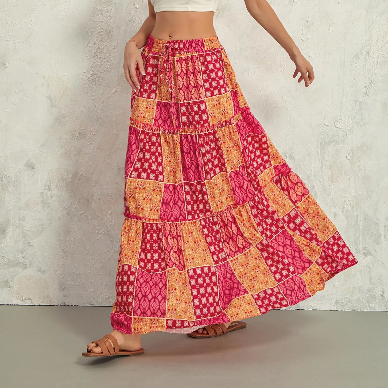 Women Bohemian Print Long Maxi Skirt Floral Casual High Waist Flowy Skirts Summer Beach Boho A Line Swing Skirt