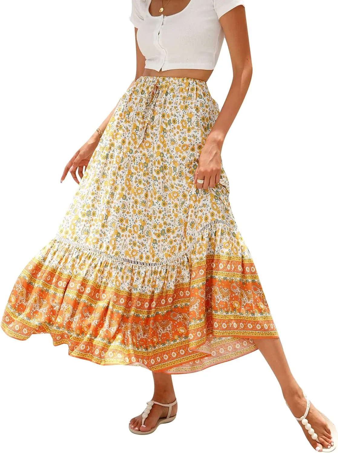 Women Bohemian Print Long Maxi Skirt Floral Casual High Waist Flowy Skirts Summer Beach Boho A Line Swing Skirt