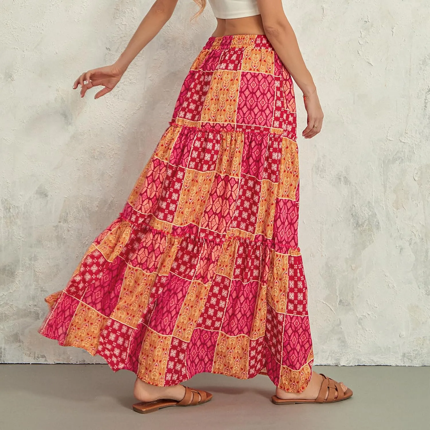 Women Bohemian Print Long Maxi Skirt Floral Casual High Waist Flowy Skirts Summer Beach Boho A Line Swing Skirt