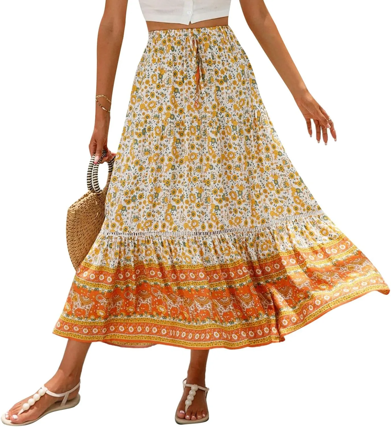 Women Bohemian Print Long Maxi Skirt Floral Casual High Waist Flowy Skirts Summer Beach Boho A Line Swing Skirt