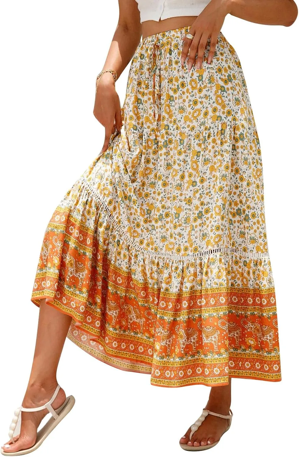 Women Bohemian Print Long Maxi Skirt Floral Casual High Waist Flowy Skirts Summer Beach Boho A Line Swing Skirt