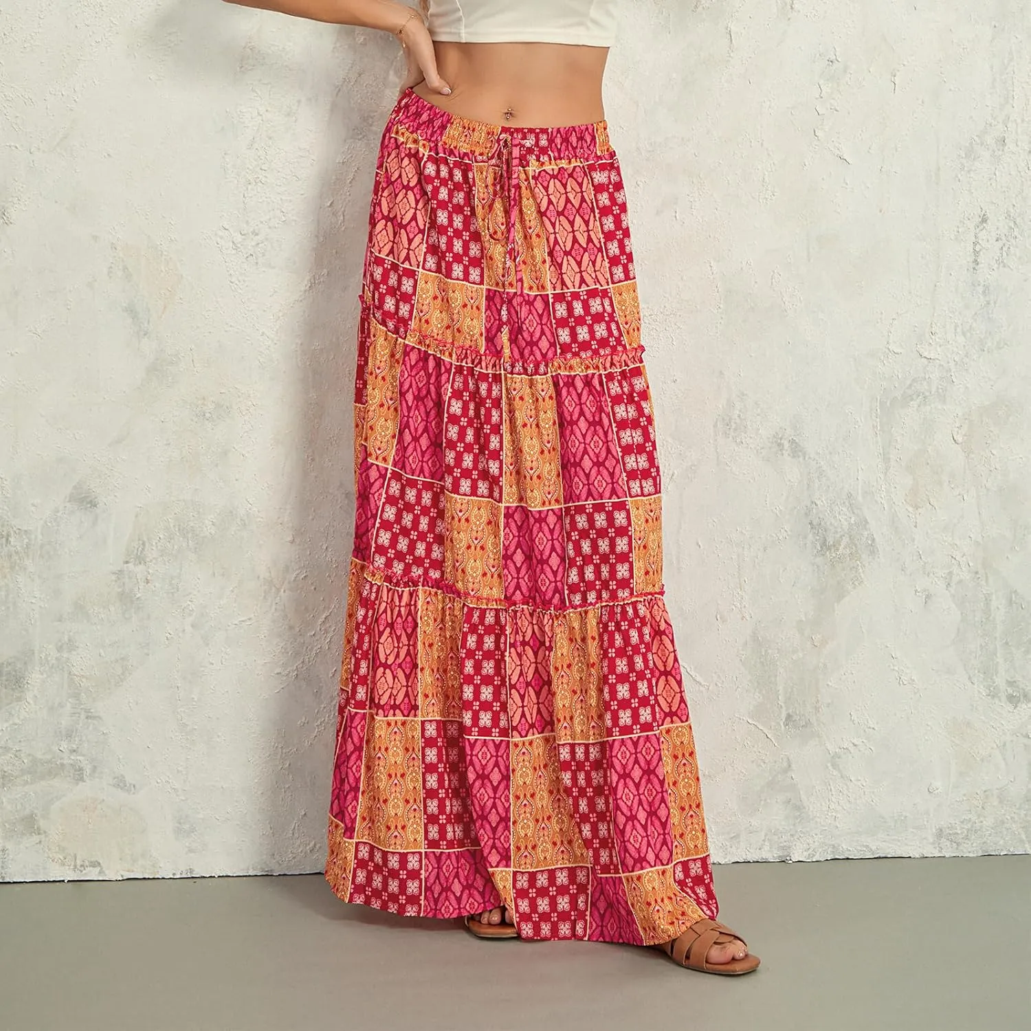 Women Bohemian Print Long Maxi Skirt Floral Casual High Waist Flowy Skirts Summer Beach Boho A Line Swing Skirt