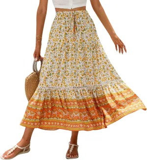 Women Bohemian Print Long Maxi Skirt Floral Casual High Waist Flowy Skirts Summer Beach Boho A Line Swing Skirt