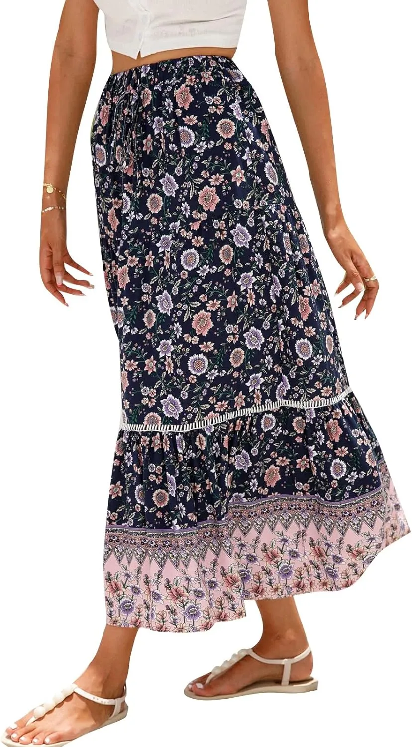 Women Bohemian Print Long Maxi Skirt Floral Casual High Waist Flowy Skirts Summer Beach Boho A Line Swing Skirt