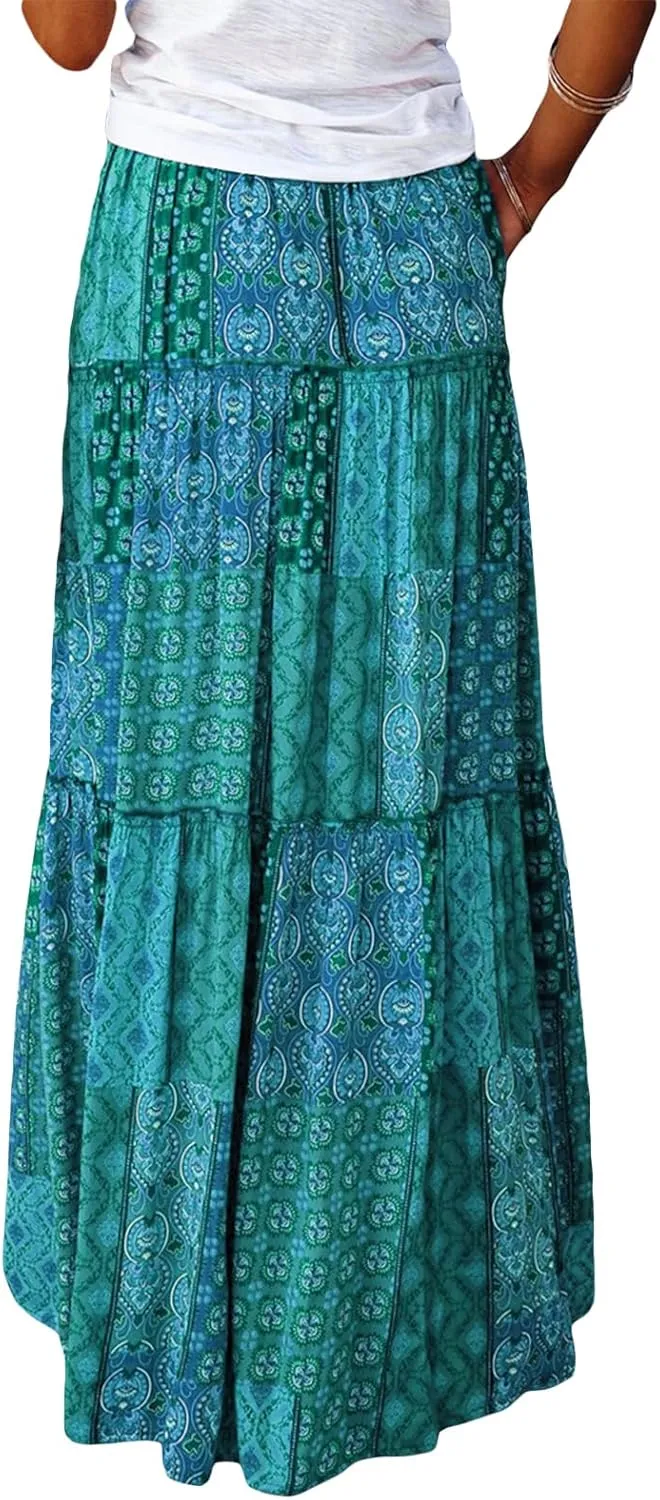 Women Bohemian Print Long Maxi Skirt Floral Casual High Waist Flowy Skirts Summer Beach Boho A Line Swing Skirt