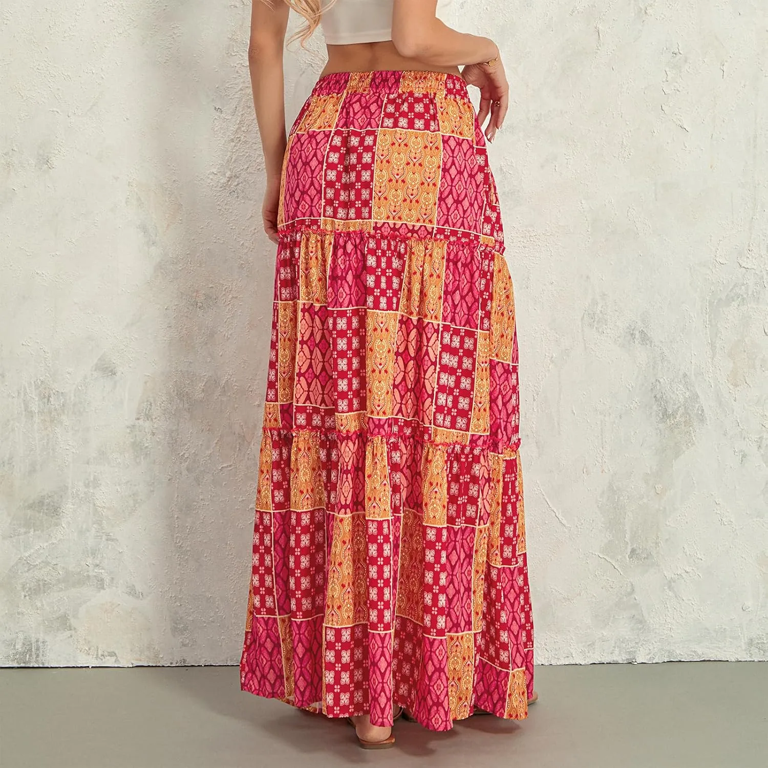 Women Bohemian Print Long Maxi Skirt Floral Casual High Waist Flowy Skirts Summer Beach Boho A Line Swing Skirt