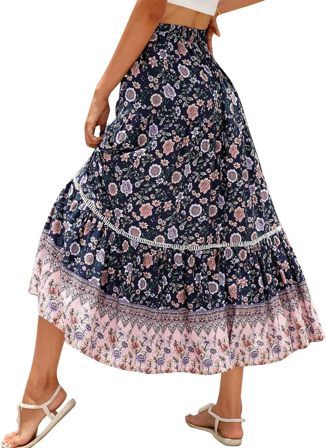 Women Bohemian Print Long Maxi Skirt Floral Casual High Waist Flowy Skirts Summer Beach Boho A Line Swing Skirt