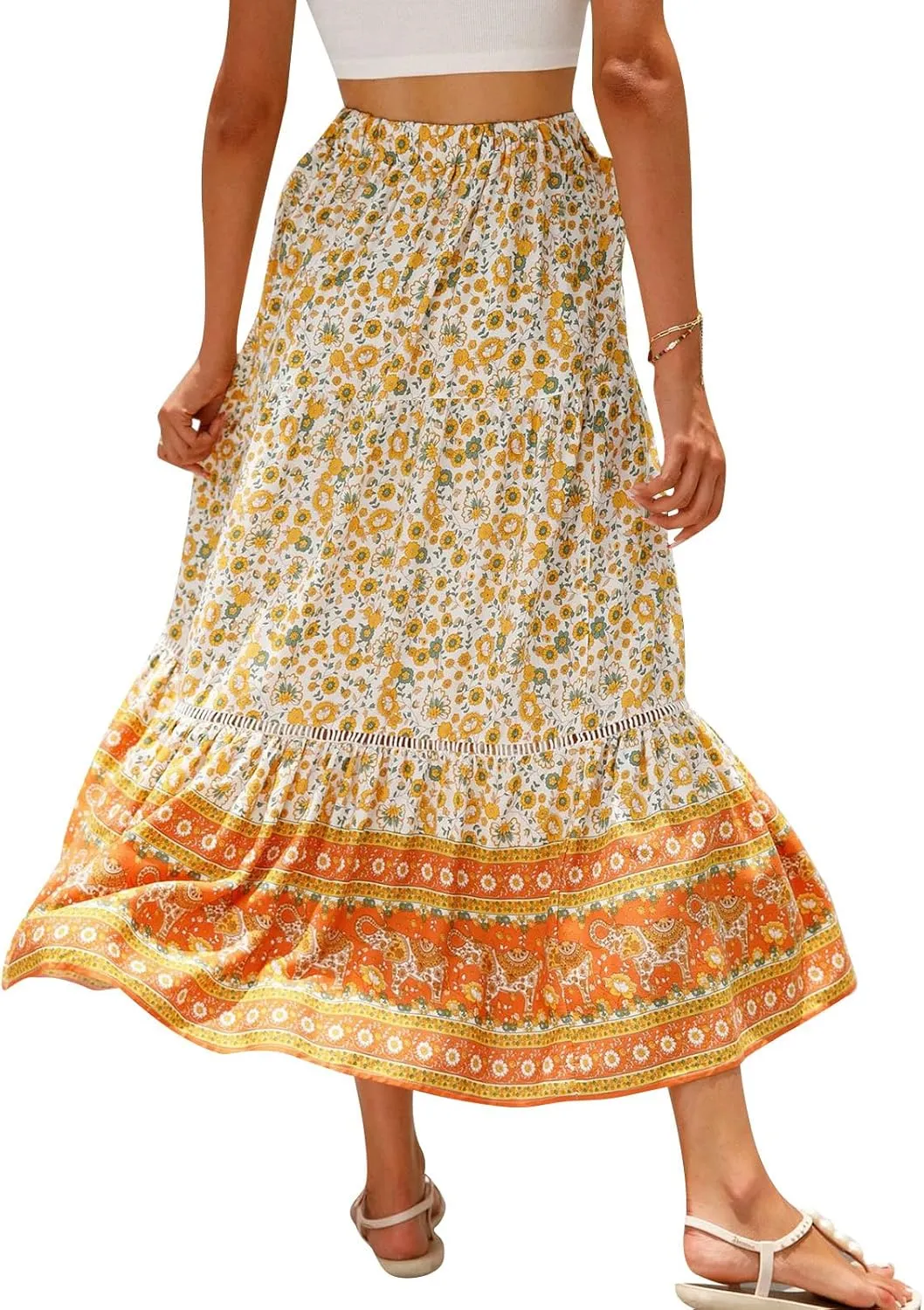 Women Bohemian Print Long Maxi Skirt Floral Casual High Waist Flowy Skirts Summer Beach Boho A Line Swing Skirt