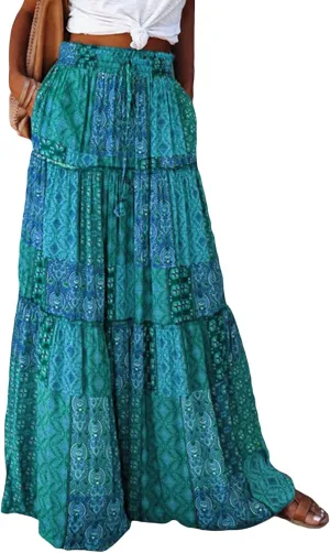 Women Bohemian Print Long Maxi Skirt Floral Casual High Waist Flowy Skirts Summer Beach Boho A Line Swing Skirt