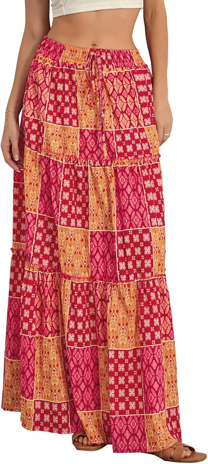 Women Bohemian Print Long Maxi Skirt Floral Casual High Waist Flowy Skirts Summer Beach Boho A Line Swing Skirt