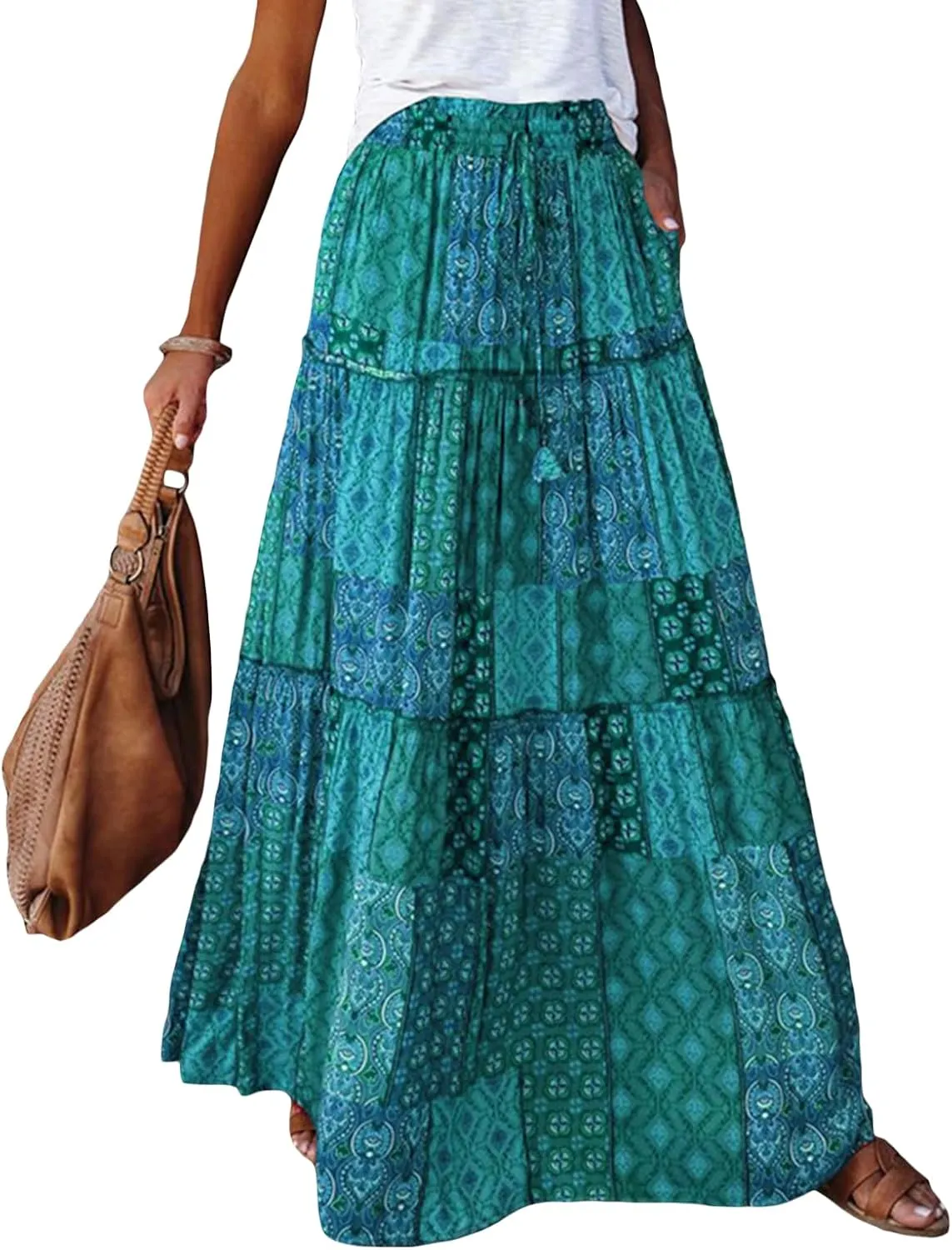 Women Bohemian Print Long Maxi Skirt Floral Casual High Waist Flowy Skirts Summer Beach Boho A Line Swing Skirt