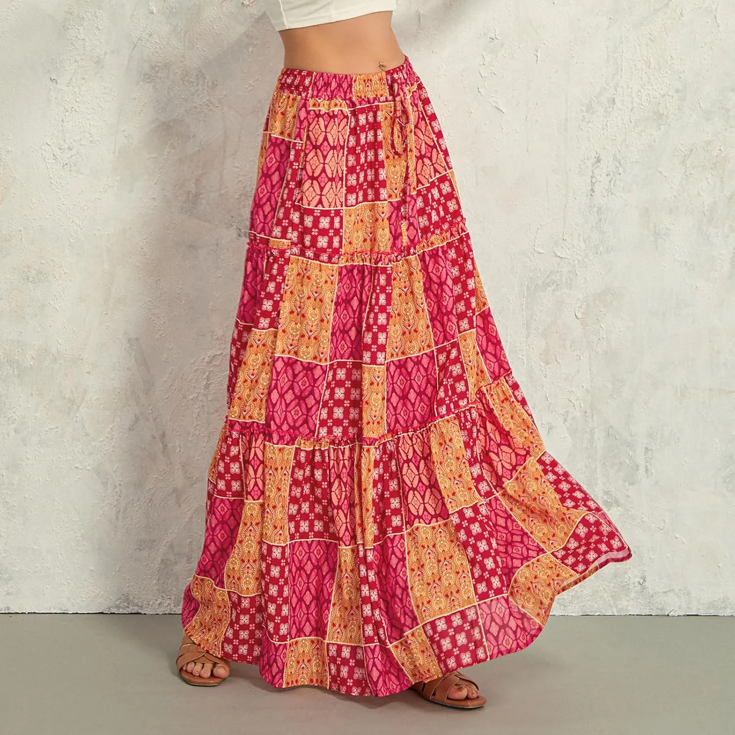 Women Bohemian Print Long Maxi Skirt Floral Casual High Waist Flowy Skirts Summer Beach Boho A Line Swing Skirt