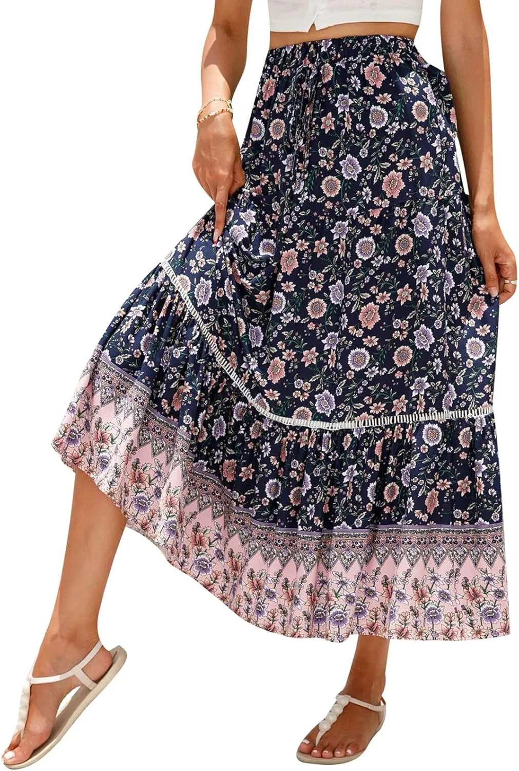Women Bohemian Print Long Maxi Skirt Floral Casual High Waist Flowy Skirts Summer Beach Boho A Line Swing Skirt