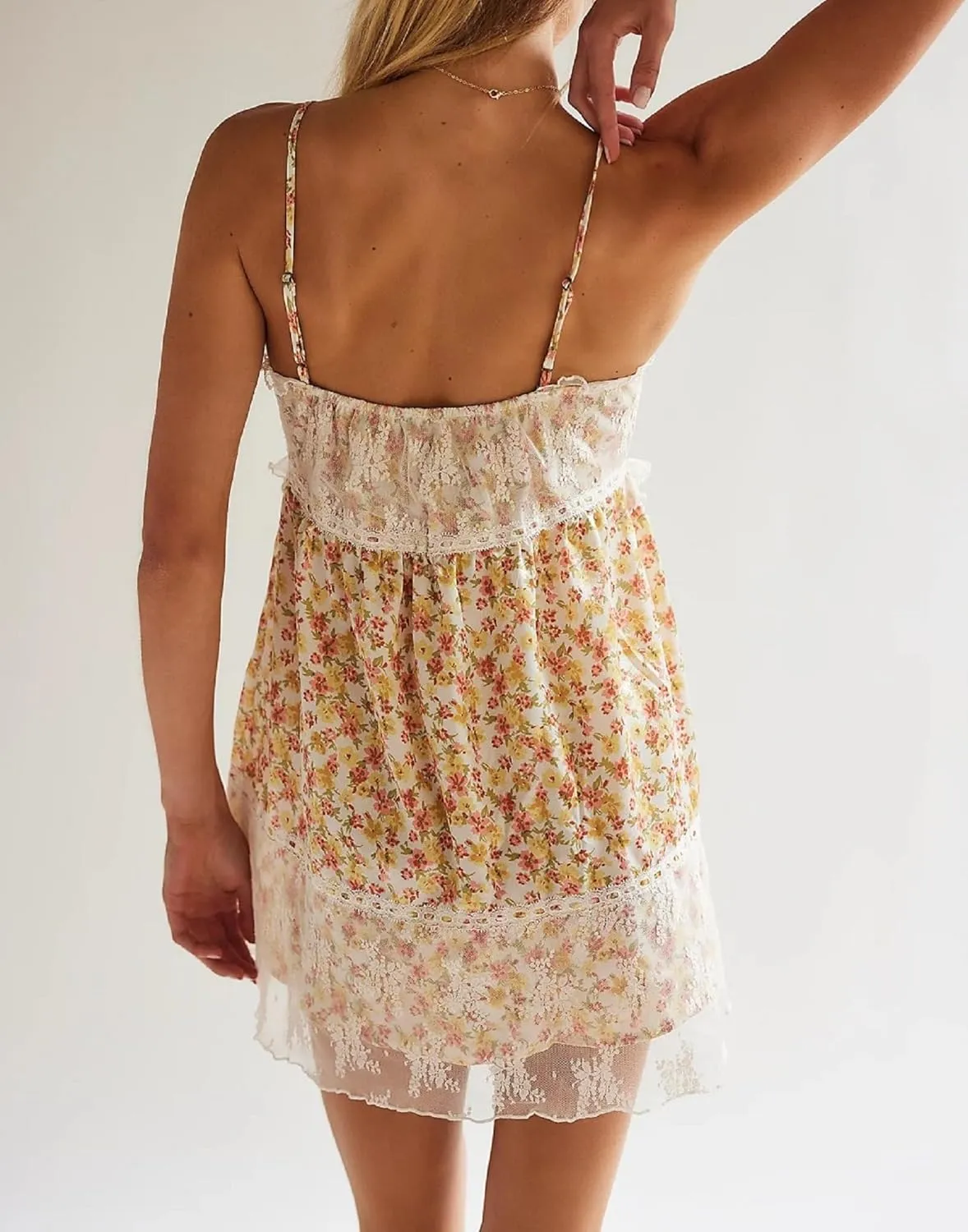 Women Boho Floral Short Dress Graffiti Backless Babydoll Dress Flowy Mini Cami Dresses Summer Holiday Sundress