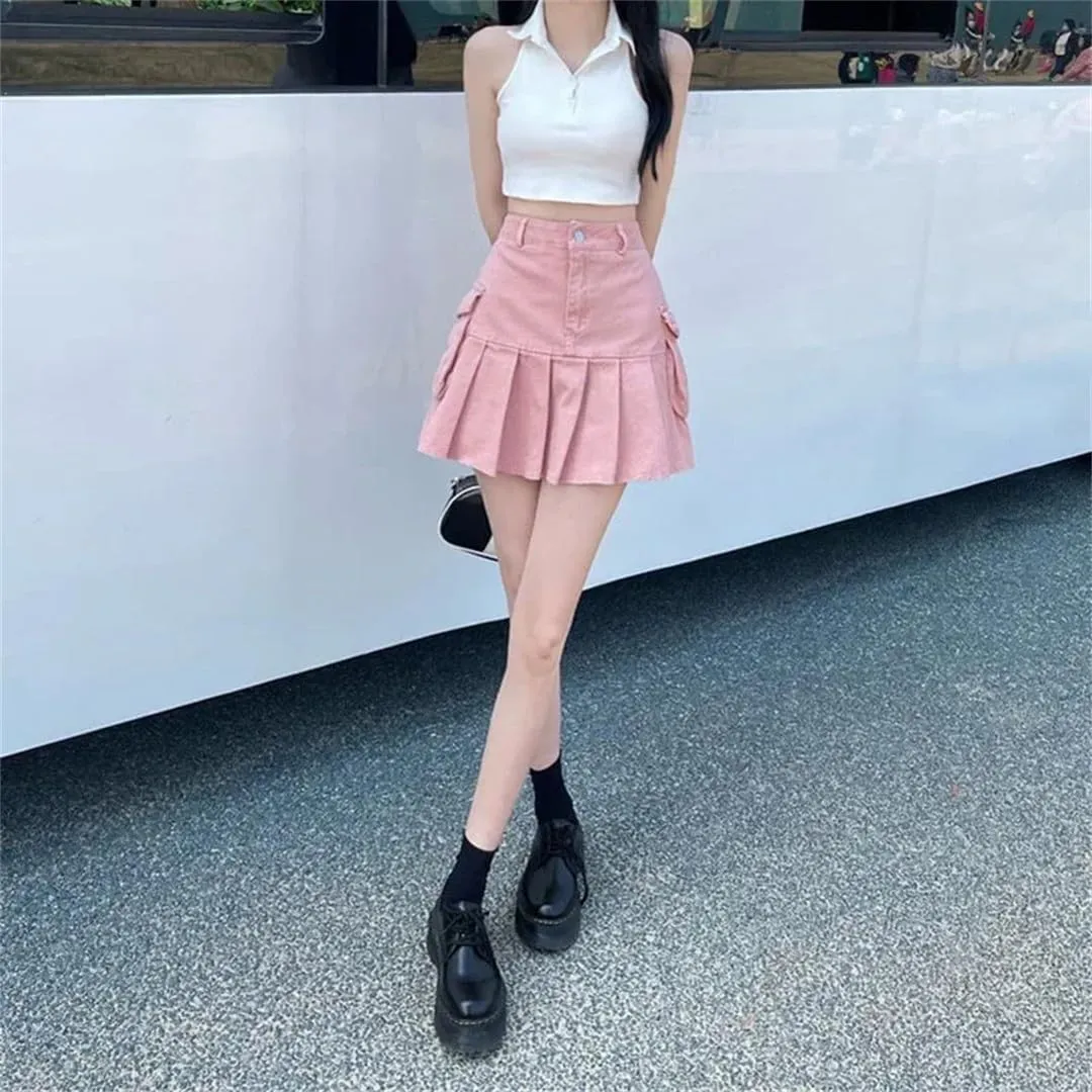 Women Cargo Denim Skirt Korean High Waisted Big Pockets Mini Skirts