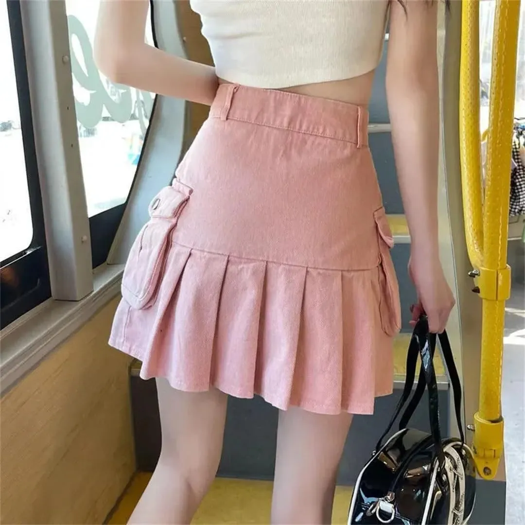 Women Cargo Denim Skirt Korean High Waisted Big Pockets Mini Skirts