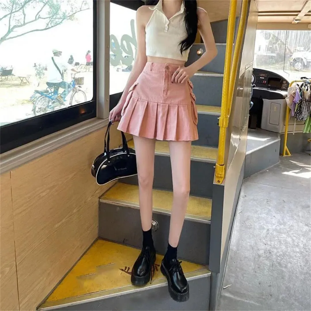 Women Cargo Denim Skirt Korean High Waisted Big Pockets Mini Skirts