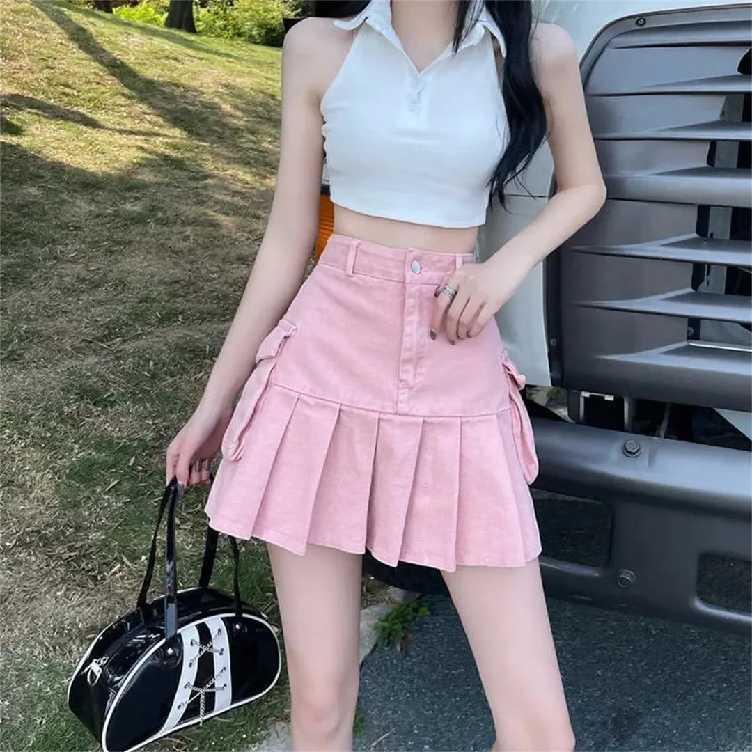 Women Cargo Denim Skirt Korean High Waisted Big Pockets Mini Skirts