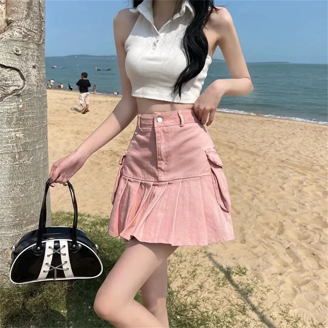 Women Cargo Denim Skirt Korean High Waisted Big Pockets Mini Skirts