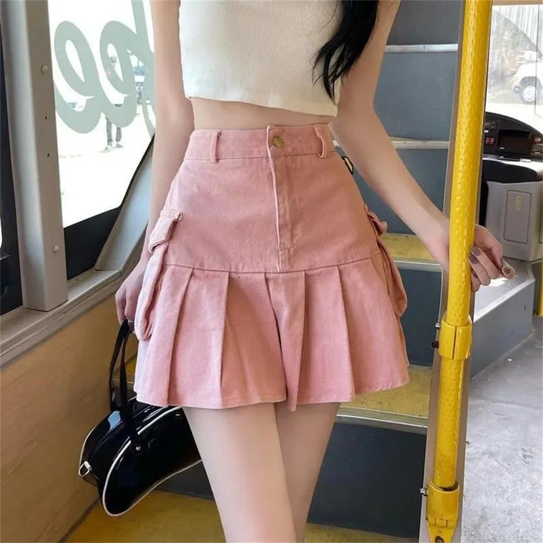 Women Cargo Denim Skirt Korean High Waisted Big Pockets Mini Skirts