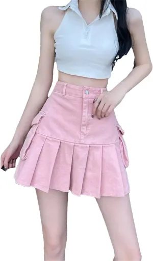 Women Cargo Denim Skirt Korean High Waisted Big Pockets Mini Skirts