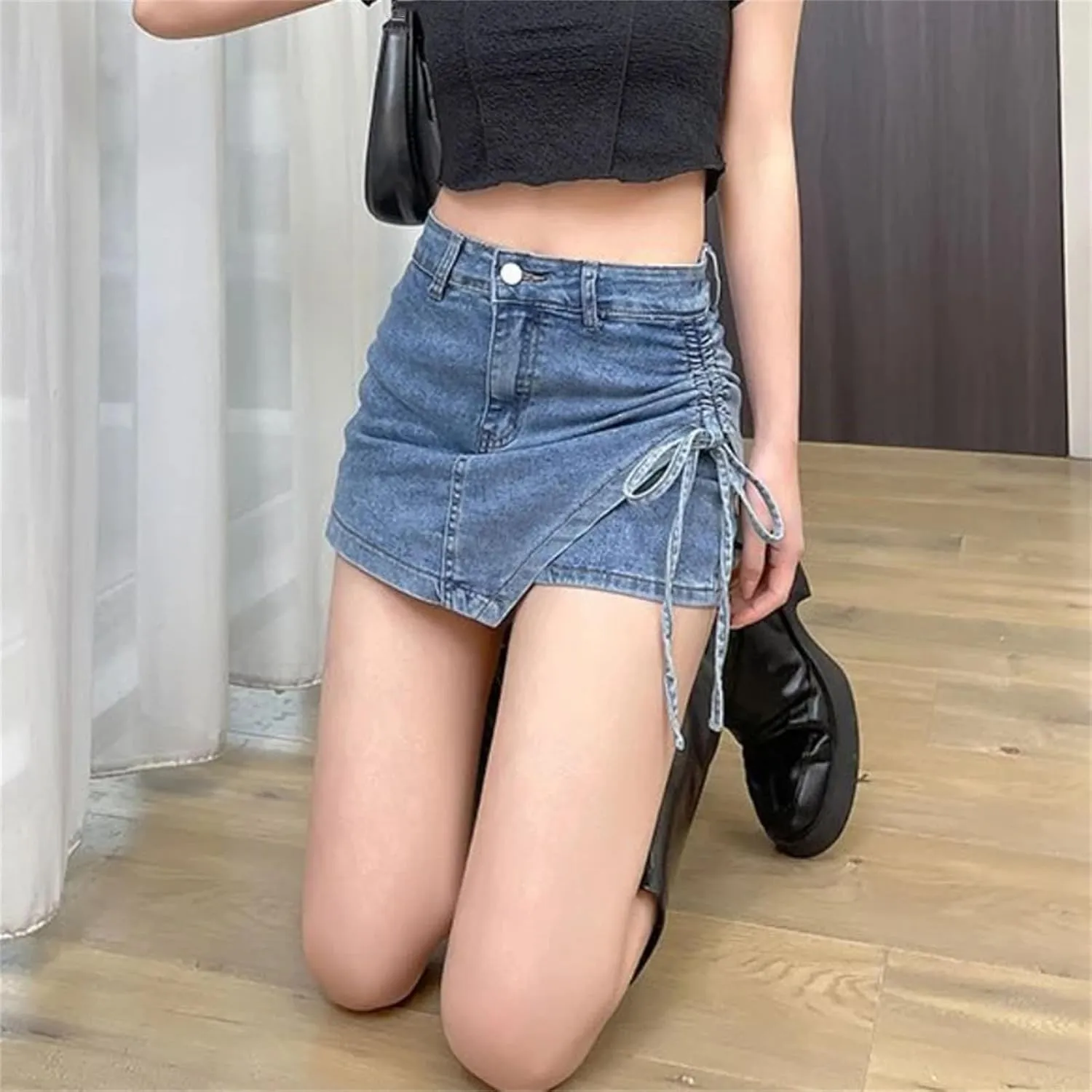 Women Denim Mini Skirts Summer Slim High Waisted Lace-Up Skirt Vintage Stretch Casual Jean Skirt