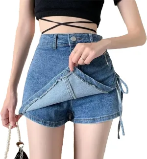 Women Denim Mini Skirts Summer Slim High Waisted Lace-Up Skirt Vintage Stretch Casual Jean Skirt